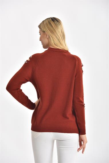 FTZ Women Kadın Kol Detay İnci İşlemeli Kazak  Kiremit 21-1008