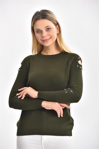 FTZ Women Kadın Kol Detay İnci İşlemeli Kazak  Haki 21-1008