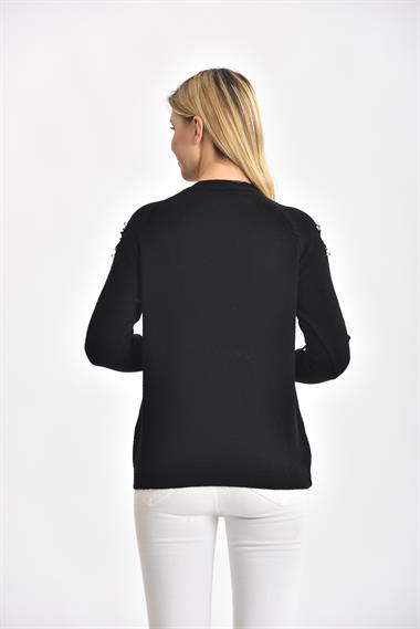 FTZ Women Kadın Kol Detay İnci İşlemeli Kazak  Siyah 21-1008