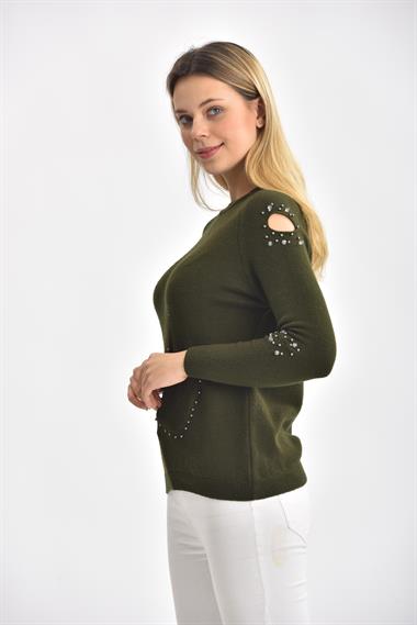 FTZ Women Kadın Kol Detay İnci İşlemeli Kazak  Haki 21-1008