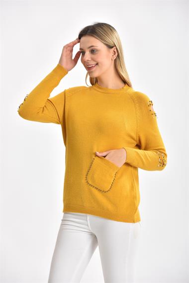FTZ Women Kadın Kol Detay İnci İşlemeli Kazak  Safran 21-1008