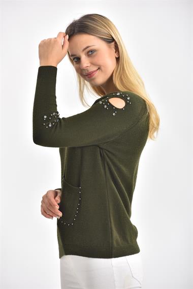 FTZ Women Kadın Kol Detay İnci İşlemeli Kazak  Haki 21-1008