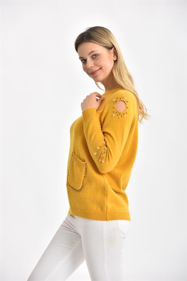 FTZ Women Kadın Kol Detay İnci İşlemeli Kazak  Safran 21-1008