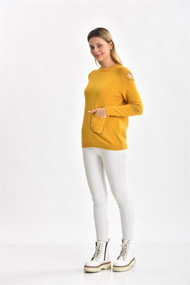 FTZ Women Kadın Kol Detay İnci İşlemeli Kazak  Safran 21-1008