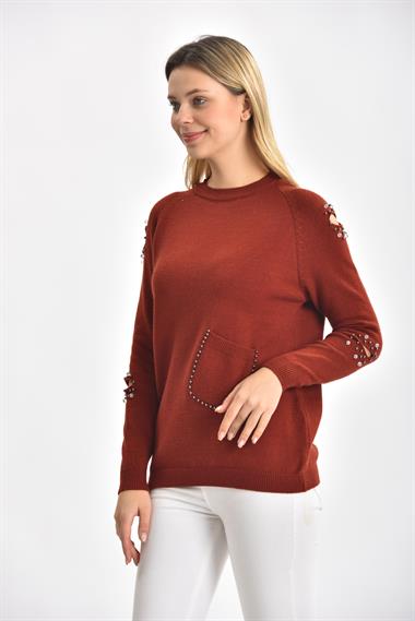 FTZ Women Kadın Kol Detay İnci İşlemeli Kazak  Kiremit 21-1008