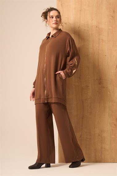 FTZ Women Kadın Kol Detaylı Pantolonlu Takım  Kakao 31223
