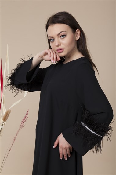 FTZ Women Kadın Kolları Tüy Detaylı Tunik SİYAH