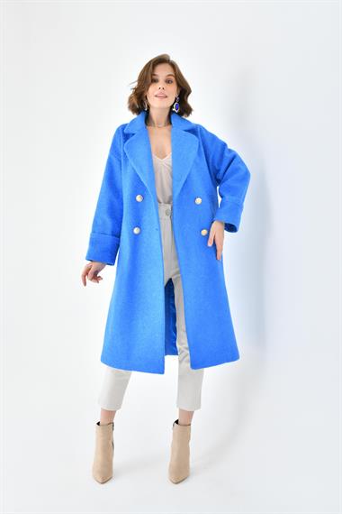 FTZ Women Kadın Kravuze Kaşe Kaban  Saks Mavi 30642