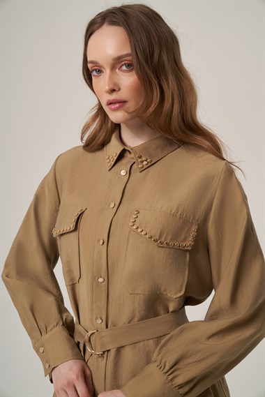 FTZ Women Kadın Krok Taş Detay Takım  Koyu Beige 31416