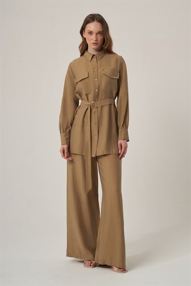 FTZ Women Kadın Krok Taş Detay Takım  Koyu Beige 31416
