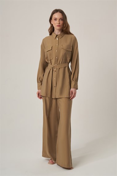 FTZ Women Kadın Krok Taş Detay Takım  Koyu Beige 31416