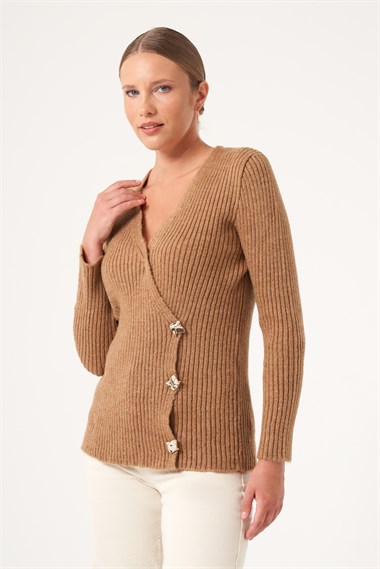 FTZ Women Kadın Kruvaze Şardon Kazak  Camel 25258
