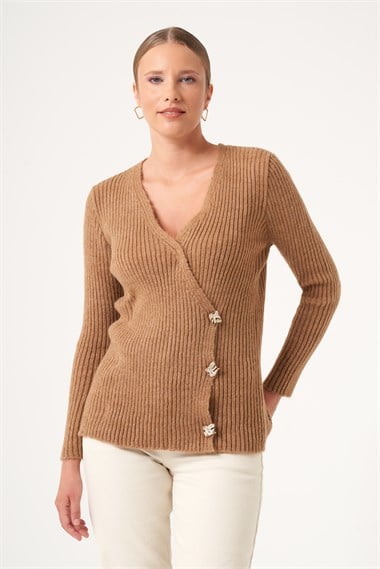 FTZ Women Kadın Kruvaze Şardon Kazak  Camel 25258