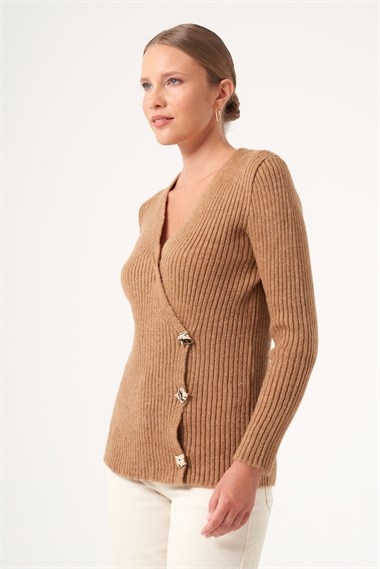 FTZ Women Kadın Kruvaze Şardon Kazak  Camel 25258