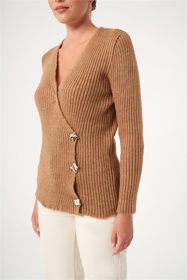 FTZ Women Kadın Kruvaze Şardon Kazak  Camel 25258