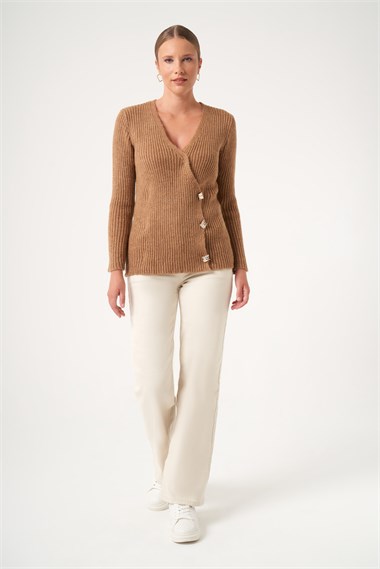 FTZ Women Kadın Kruvaze Şardon Kazak  Camel 25258