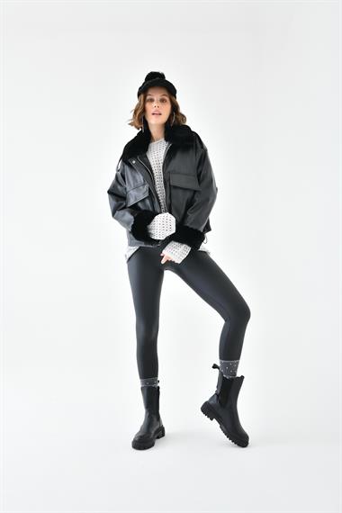 FTZ Women Kadın Kürk Detay Deri Kaban  Siyah RBN4073