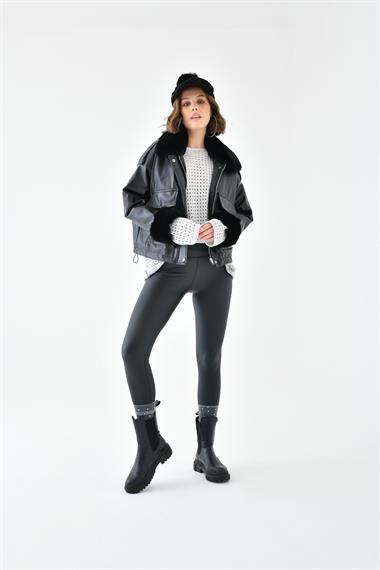 FTZ Women Kadın Kürk Detay Deri Kaban  Siyah RBN4073