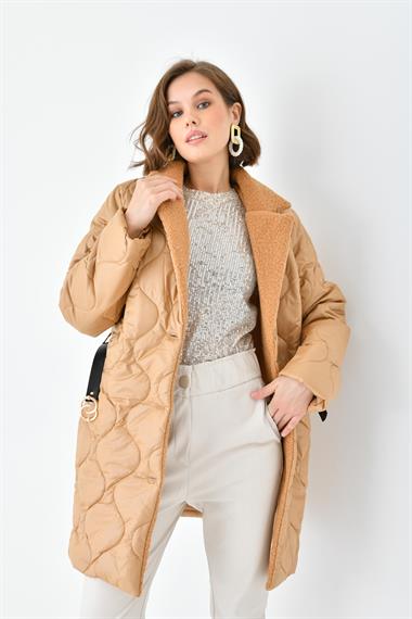 FTZ Women Kadın Kürk Detay Kaban  Camel RBN4067