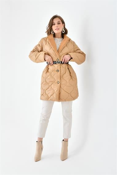 FTZ Women Kadın Kürk Detay Kaban  Camel RBN4067