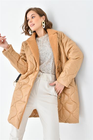 FTZ Women Kadın Kürk Detay Kaban  Camel RBN4067