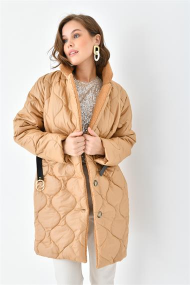 FTZ Women Kadın Kürk Detay Kaban  Camel RBN4067