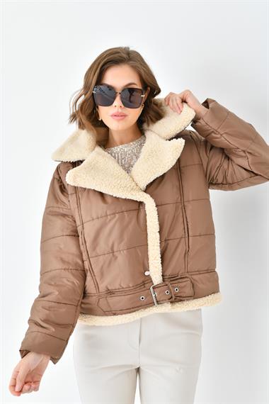 FTZ Women Kadın Kürk Detay Kaban  Kahve RBN4063