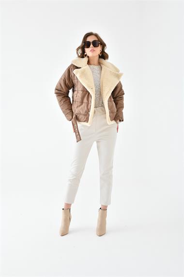FTZ Women Kadın Kürk Detay Kaban  Kahve RBN4063