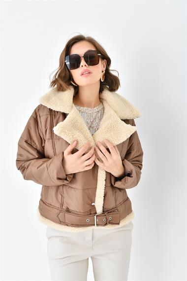 FTZ Women Kadın Kürk Detay Kaban  Kahve RBN4063