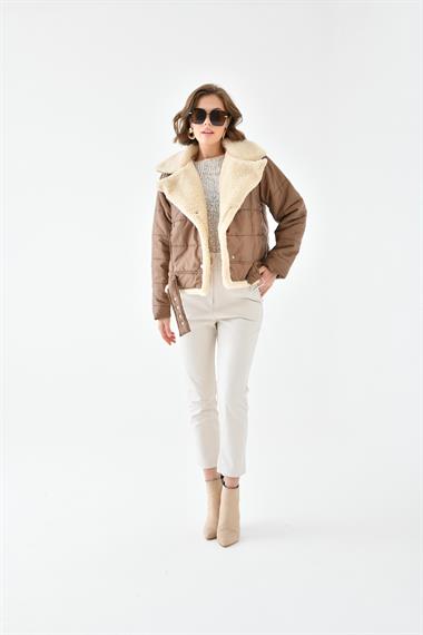 FTZ Women Kadın Kürk Detay Kaban  Kahve RBN4063