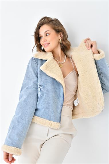 FTZ Women Kadın Kürk Detay Kaban  Mavi RBN4069