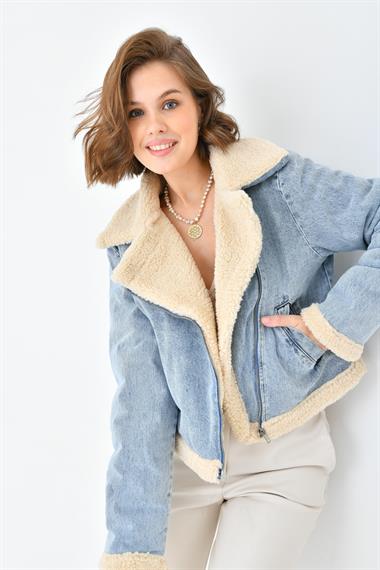 FTZ Women Kadın Kürk Detay Kaban  Mavi RBN4069