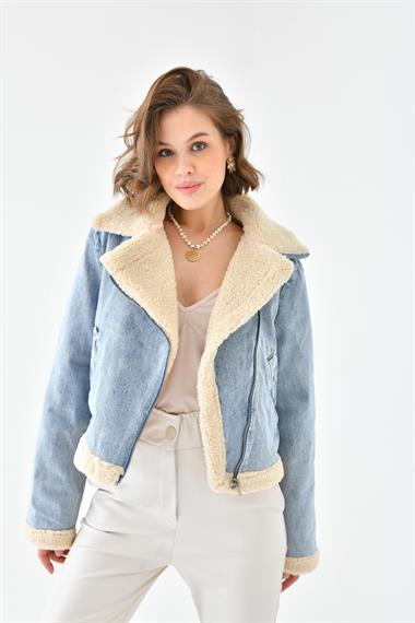 FTZ Women Kadın Kürk Detay Kaban  Mavi RBN4069