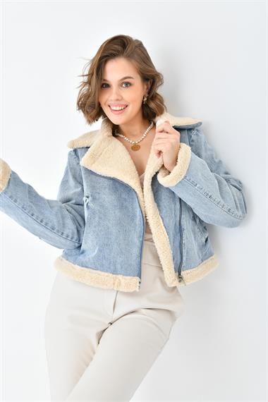 FTZ Women Kadın Kürk Detay Kaban  Mavi RBN4069