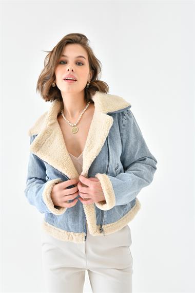 FTZ Women Kadın Kürk Detay Kaban  Mavi RBN4069