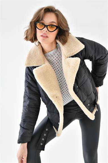 FTZ Women Kadın Kürk Detay Kaban  Siyah RBN4063