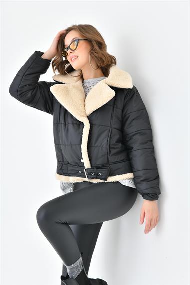 FTZ Women Kadın Kürk Detay Kaban  Siyah RBN4063