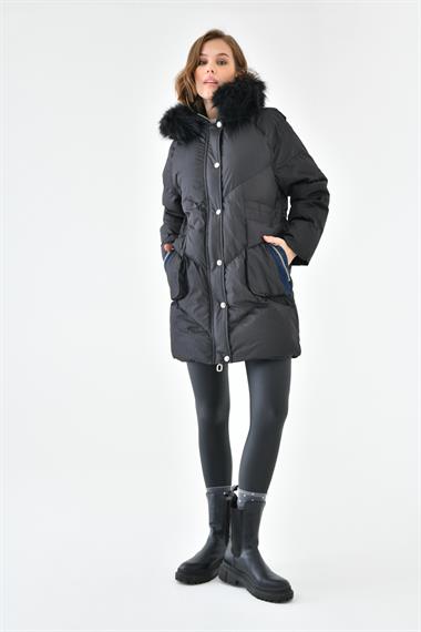 FTZ Women Kadın Kürk Detay Kaban  Siyah RBN4064