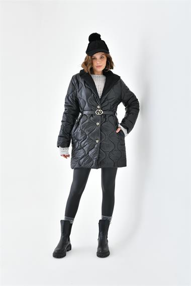 FTZ Women Kadın Kürk Detay Kaban  Siyah RBN4067