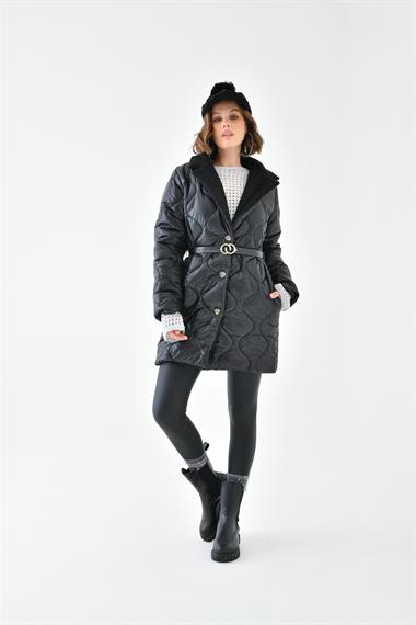 FTZ Women Kadın Kürk Detay Kaban  Siyah RBN4067