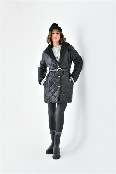 FTZ Women Kadın Kürk Detay Kaban  Siyah RBN4067