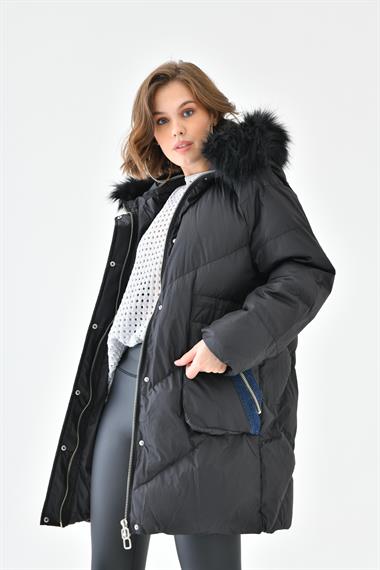 FTZ Women Kadın Kürk Detay Kaban  Siyah RBN4064