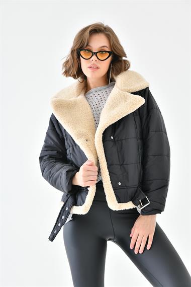 FTZ Women Kadın Kürk Detay Kaban  Siyah RBN4063