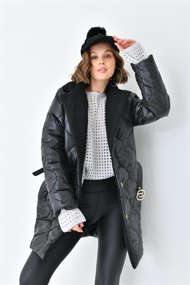 FTZ Women Kadın Kürk Detay Kaban  Siyah RBN4067