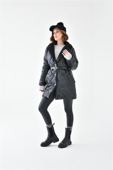 FTZ Women Kadın Kürk Detay Kaban  Siyah RBN4067