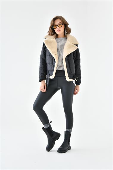 FTZ Women Kadın Kürk Detay Kaban  Siyah RBN4063