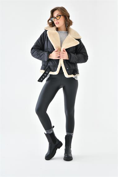 FTZ Women Kadın Kürk Detay Kaban  Siyah RBN4063