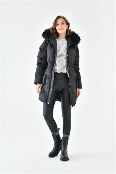 FTZ Women Kadın Kürk Detay Kaban  Siyah RBN4064