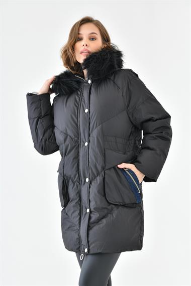 FTZ Women Kadın Kürk Detay Kaban  Siyah RBN4064