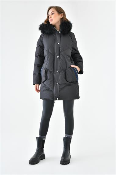 FTZ Women Kadın Kürk Detay Kaban  Siyah RBN4064